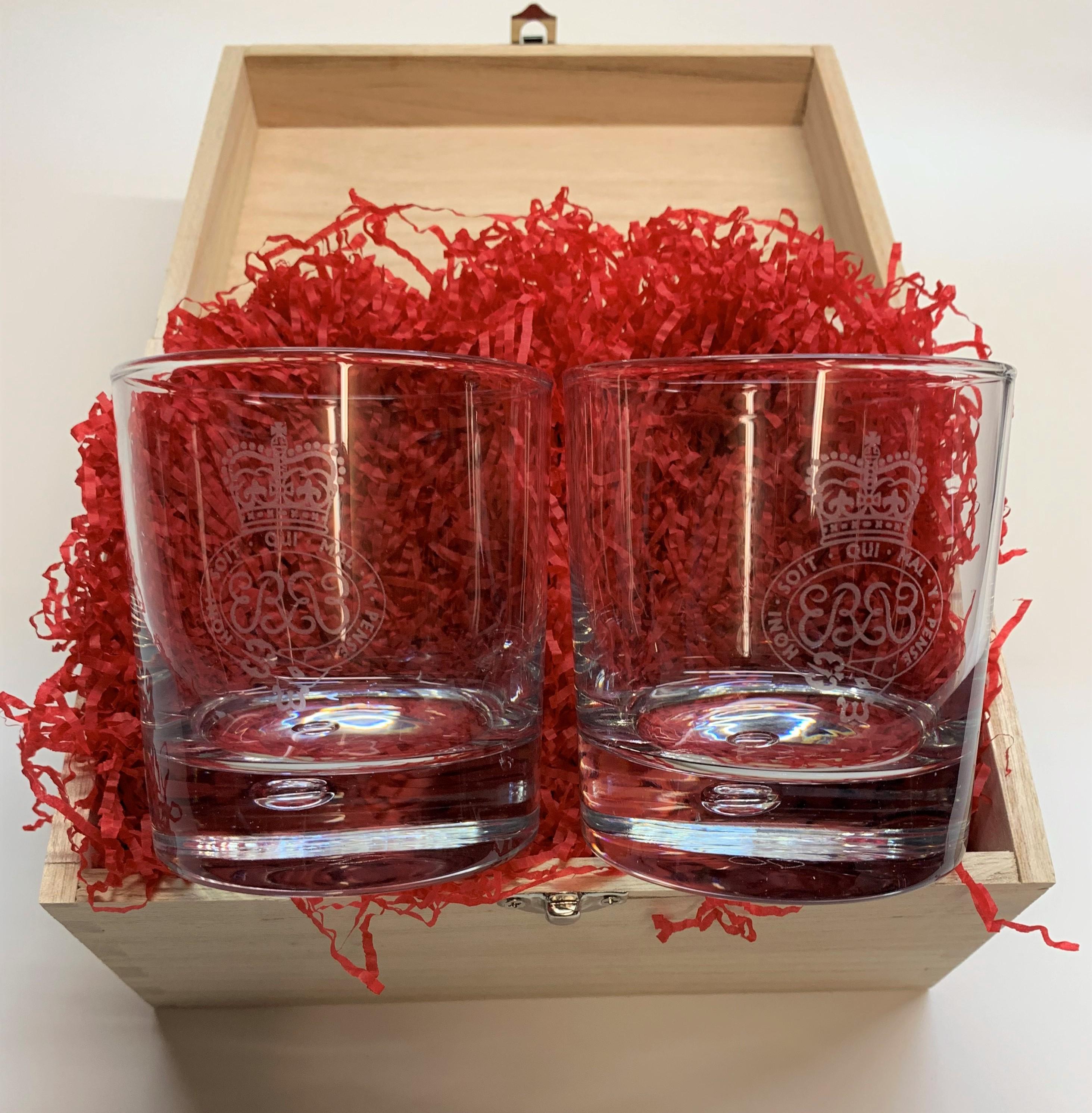 WHISKEY GLASSES SET (CREST ENGRAVED) WITH LIGHT WOODEN BOX