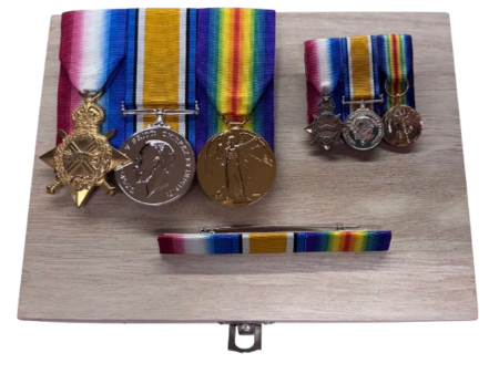 WW1 Trio Full Size & Miniature Medals and Pin On Ribbon Bar With A Display Box