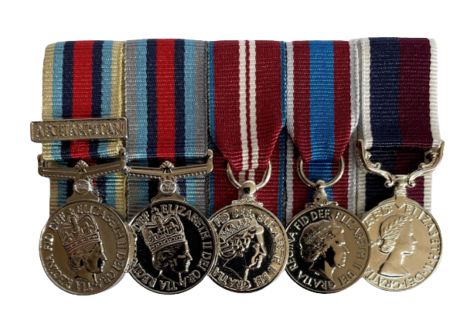 OSM Afghanistan clasp + Op Shader + QDJM +QPJM + RAF  LS&GC Miniature Court Mounted Set