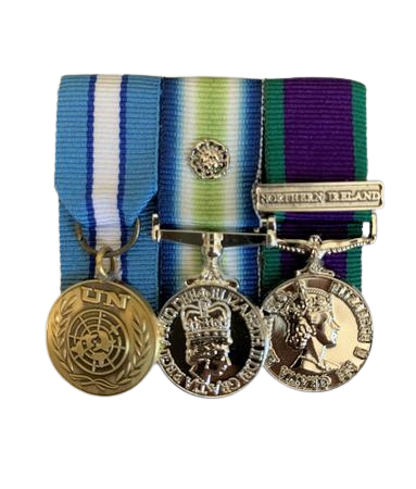 Miniature UN Cyprus, Falklands with Rosette, GSM NI court mounted set