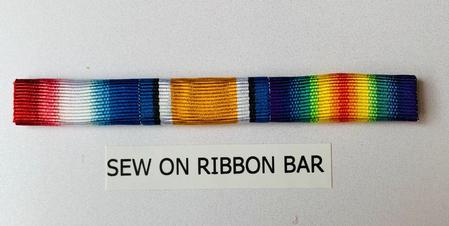 WW1 1914-15 STAR, BRITISH WAR MEDAL, VICTORY MEDAL SEW ON  RIBBON BAR NEW