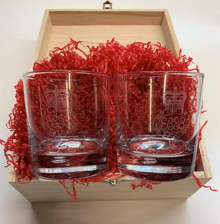 Whiskey Glasses Set (Crest Engraved) with Light Wooden Box